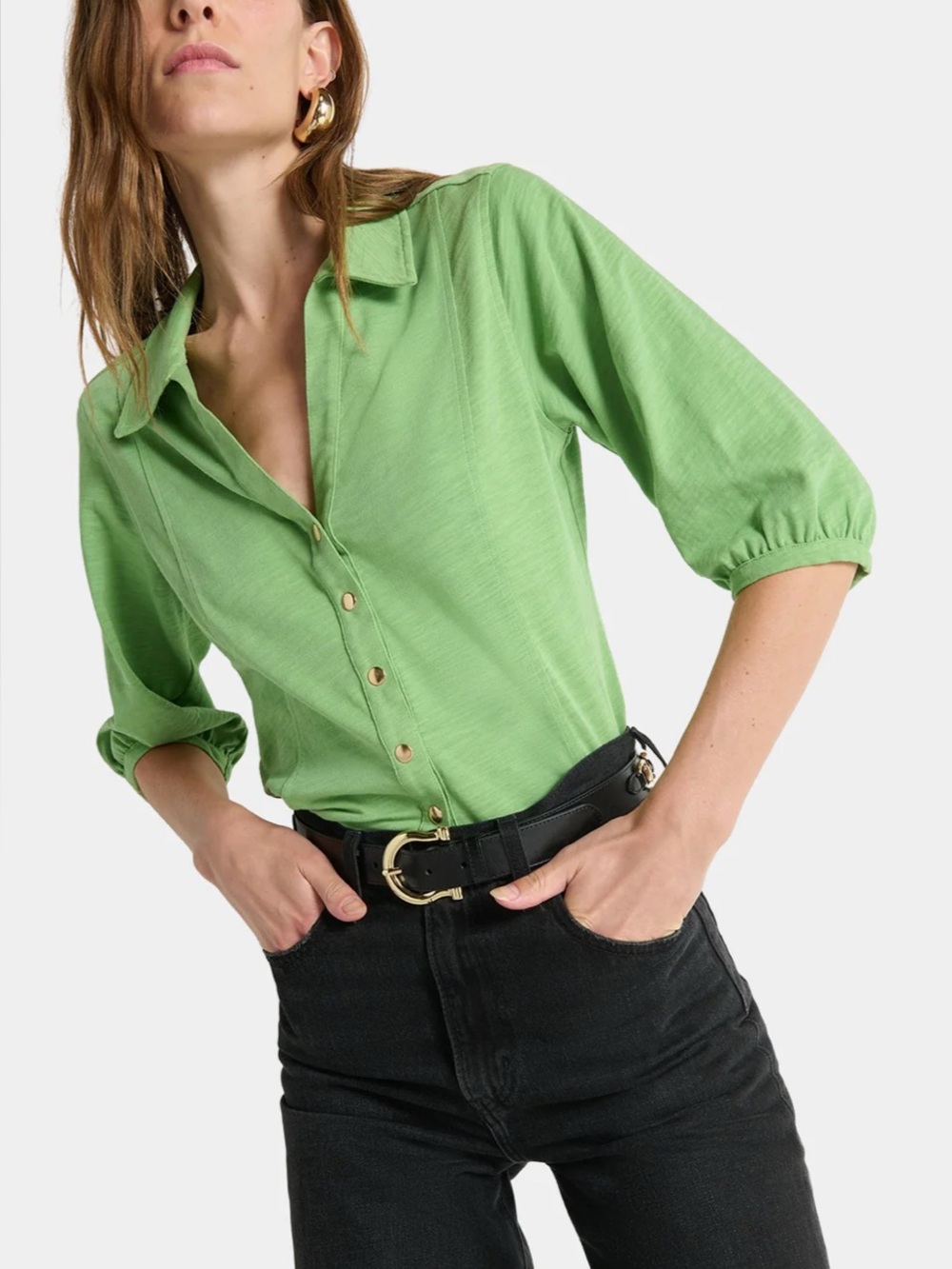 NEW Nation LA Shannon Top Button Down Blouse in Cactus Green, XS
